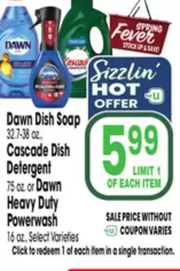 Jewel-Osco Dawn Dish Soap 32.7-38 oz., Cascade Dish Detergent 75 oz. or Dawn Heavy Duty Powerwash 16 oz offer