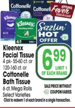 Jewel-Osco Kleenex Facial Tissue 4 pk-55-60 ct. or 120-160 ct. or Cottonelle Bath Tissue 6 ct. Mega Rolls offer