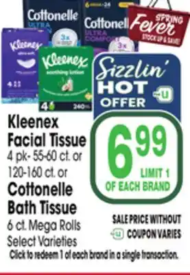 Jewel-Osco Kleenex Facial Tissue 4 pk-55-60 ct. or 120-160 ct. or Cottonelle Bath Tissue 6 ct. Mega Rolls offer