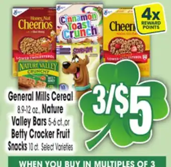 Jewel-Osco General Mills Cereal 8.9-12 oz., Nature Valley Bars 5-6 ct.,or Betty Crocker Fruit Snacks 10 ct offer