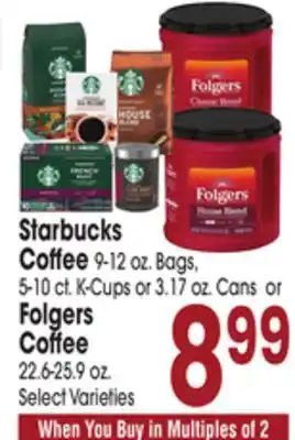 Jewel-Osco Starbucks Coffee 9-12 oz. Bags, 5-10 ct. K-Cups or 3.17 oz. Cans or Folgers Coffee 22.6-25.9 oz offer