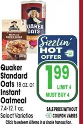 Jewel-Osco Quaker Standard Oats 18 oz. or Instant Oatmeal 7.4-12.1 oz offer