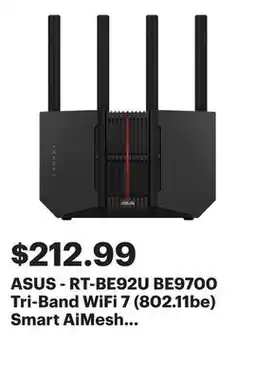 Best Buy ASUS - RT-BE92U BE9700 Tri-Band WiFi 7 (802.11be) Smart AiMesh Extendable Router - Black offer