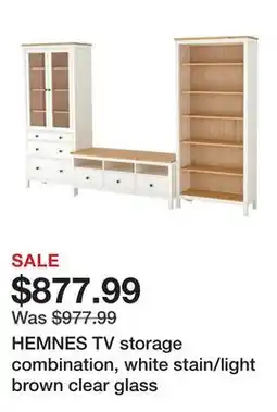 Ikea HEMNES TV storage combination, white stain/light brown clear glass offer