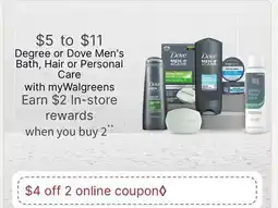 Walgreens Degree or Dove Men's Bath, Hair or Personal Care offer