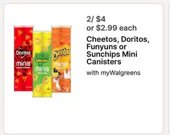 Walgreens Cheetos, Doritos, Funyuns or Sunchips Mini Canisters offer