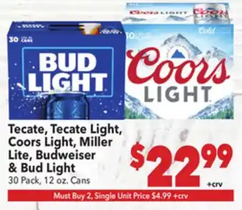 Vallarta Supermarkets Tecate, Tecate Light, Coors Light, Miller Lite, Budweiser & Bud Light offer