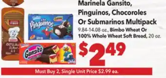 Vallarta Supermarkets Marinela Gansito, Pinguinos, Chocoroles or Submarinos Multipack offer