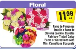 El Super Rainbow Tinted Daisy Poms or Carnations with Mini Carnations Bouquets offer