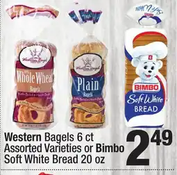 Super King Markets Western Bagels 6 ct Assorted Varieties or Bimbo Soft White Bread 20 oz offer