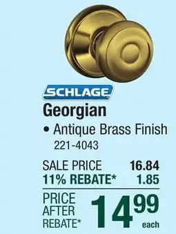 Menards Schlage Georgian Passage Door Knob in Antique Brass offer