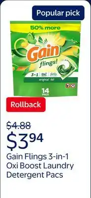 Walmart Gain Flings 3-in-1 Oxi Boost and Febreze Laundry Detergent Pacs, Original Scent offer