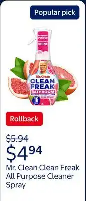 Walmart Mr. Clean Clean Freak All Purpose Cleaner Spray, Multi-Surface Cleaning, Grapefruit offer