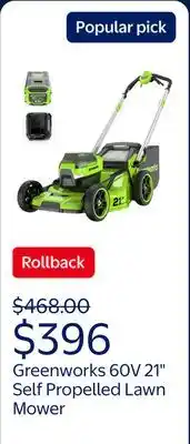 Walmart Greenworks 60V 21 Self Propelled Lawn Mower with (1) 8.0 Ah Battery & Rapid Charger 2546402 offer