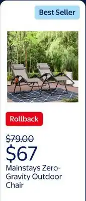 Walmart Mainstays Reclining Zero-Gravity Sling Outdoor Chair with Cup Holders offer