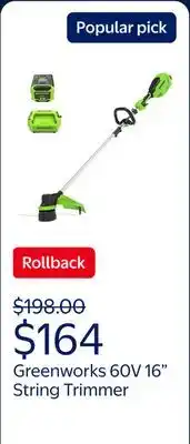 Walmart Greenworks 60V 16 Front Mount String Trimmer + 2.5Ah Battery & 3A Charger 2134302 offer