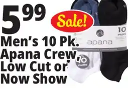 Ocean State Job Lot Men's 10 Pk. Apana Crew, Low Cut or Now Show offer