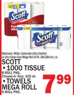 C Town SCOTT 1000 TISSUE 8 ROLL PKG., TOWELS MEGA ROLL 6 ROLL PKG offer