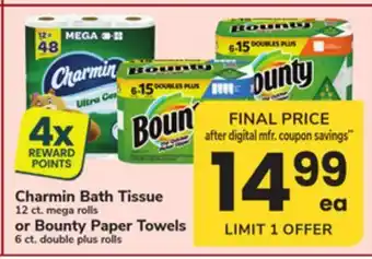 ACME Charmin Bath Tissue 12 ct. mega rolls or Bounty Paper Towels 6 ct. double plus rolls offer