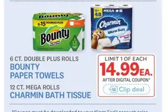 Kings Food Markets 6 CT. DOUBLE PLUS ROLLS BOUNTY PAPER TOWELS, 12 CT. MEGA ROLLS CHARMIN BATH TISSUE offer