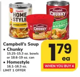 ACME Campbell's Soup Chunky 15.25-15.3 oz. bowls or 18.6-19 oz. can, Homestyle 16.1-16.3 oz offer