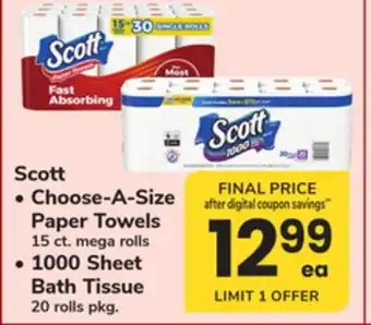 ACME Scott Choose-A-Size Paper Towels 15 ct. mega rolls, 1000 Sheet Bath Tissue 20 rolls pkg offer