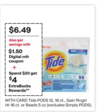 CVS Tide PODS 12, 16 ct., Gain flings! 14-16 ct. or Beads 5 oz offer