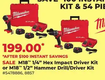 Runnings Milwaukee M18 1/4 Hex Impact Driver Kit or M18 1/2 Hammer Drill/Driver Kit offer