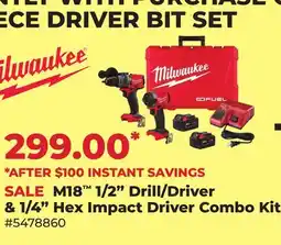 Runnings Milwaukee M18 1/2 Drill/Driver & 1/4 Hex Impact Driver Combo Kit offer