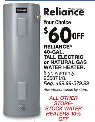 Blain's Farm & Fleet RELIANCE 40-GAL. TALL ELECTRIC or NATURAL GAS WATER HEATER offer