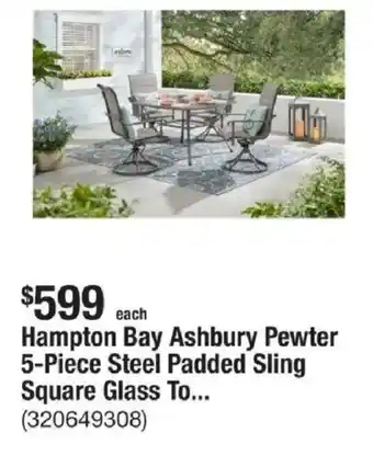 The Home Depot Hampton Bay Ashbury Pewter 5-Piece Steel Padded Sling Square Glass To... offer