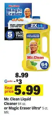 Meijer Mr. Clean Liquid Cleaner 64 oz. or Magic Eraser Ultra* 5 ct offer