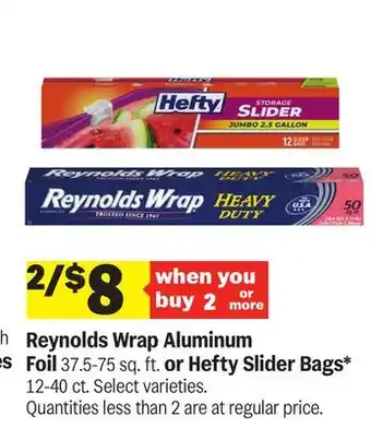 Meijer Reynolds Wrap Aluminum Foil 37.5-75 sq. ft. or Hefty Slider Bags 12-40 ct offer