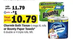 Meijer Charmin Bath Tissue 6 mega XL rolls or Bounty Paper Towels* 6 double or 4 triple rolls offer