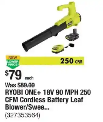 The Home Depot RYOBI ONE+ 18V 90 MPH 250 CFM Cordless Battery Leaf Blower/Swee... offer