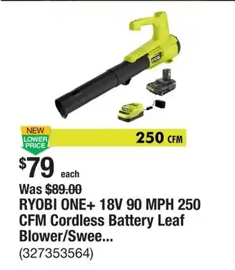 The Home Depot RYOBI ONE+ 18V 90 MPH 250 CFM Cordless Battery Leaf Blower/Sweeper with 2.0 Ah Battery and Charger offer