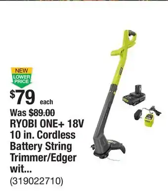 The Home Depot RYOBI ONE+ 18V 10 in. Cordless Battery String Trimmer/Edger with 2.0 Ah Battery and Charger offer