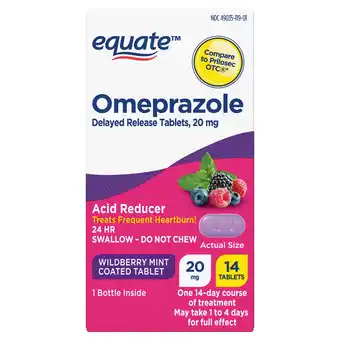 Walmart Equate Omeprazole Delayed Release Coated Tablets 20 mg, Wildberry Mint, 14 Count offer