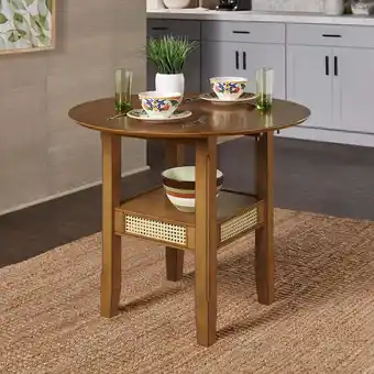 Walmart Weston Home Pulukan Cane Accent Round Dining Table with 2-Drop Leaves, Oak Finish offer