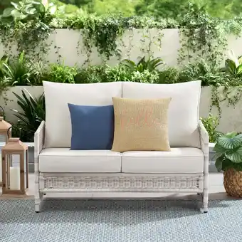 Walmart Better Homes & Gardens Paige 1 Piece Wicker Outdoor Loveseat with Cushions, White offer