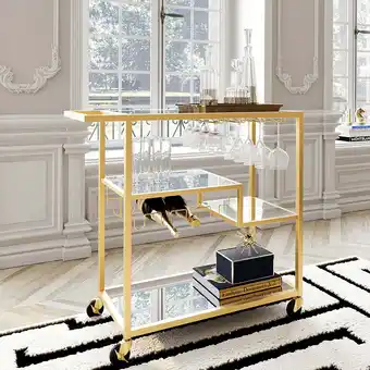 Walmart Chelsea Lane Champagne Gold Mirror Glass Metal Bar Cart offer