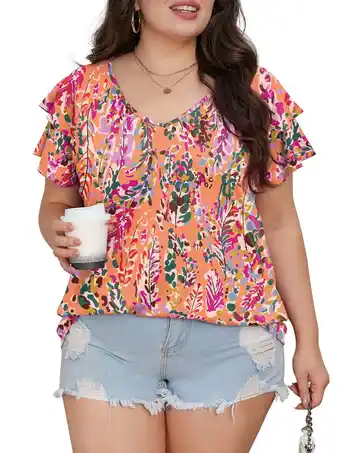 Walmart Mengpipi Womens Plus Size Tops Double Ruffle Short Sleeve V-Neck Casual Loose Shirts 1X-5X offer