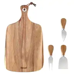 Walmart Hecef Upgrade Larger Cheese Board Set of 4, Acacia Wood Charcuterie Serving Plate with Knife Set offer