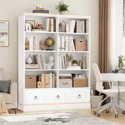 Walmart Homfa Double Row Bookcase, 4 Tier 8 Cube Bookshelf with 3 Drawers for Home Office Living Room, White offer