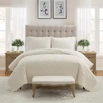 Walmart My Texas House Charlotte 3-piece Trellis Velvet Quilt Set, Full/Queen, Off White offer