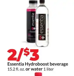 Hy-Vee Essentia Hydroboost beverage 15.2 fl. oz. or water 1 liter offer