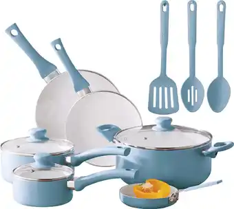 Walmart Mainstays 12-Piece Ceramic Non-Stick Cookware Set, Blue Linen offer