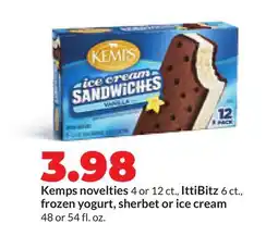 Hy-Vee Kemps novelties 4 or 12 ct., IttiBitz 6 ct., frozen yogurt, sherbet or ice cream 48 or 54 fl. oz offer