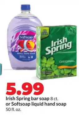 Hy-Vee Irish Spring bar soap 8 ct. or Softsoap liquid hand soap 50 fl. oz offer