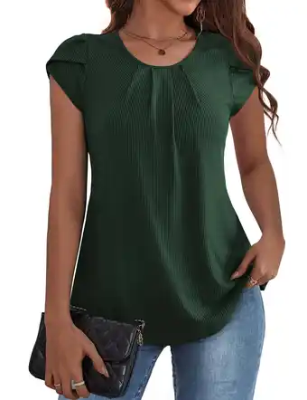 Walmart VOIANLIMO Womens Casual Round Neck Basic Pleated Top Cap Sleeve Curved Keyhole Back Blouse S-2XL offer